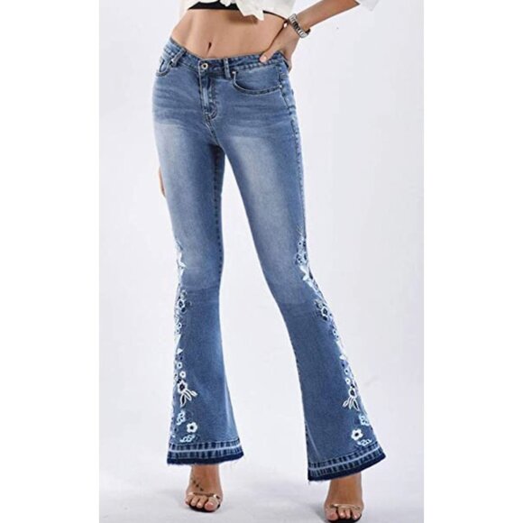 Blue Floral Embroidered Patch High Waisted Flare Bell Bottom Denim Jeans Y2K - Picture 2 of 9